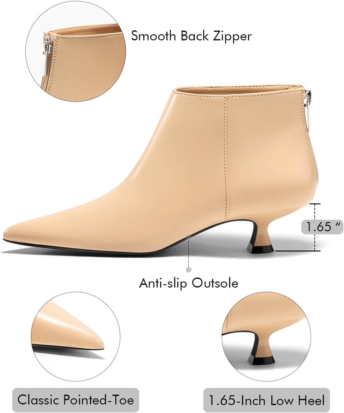 Coutgo Womens Kitten Low Heel Booties Pointed Toe Short Ankle Boots Back Zipper Fall Shoes - Image 4