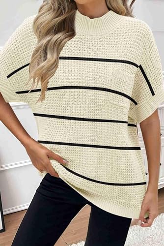 Image of Women 2026 Sweater Vest Mock Neck Batwing Short Sleeve Oversized Ribbed Knit Tops Fall Pullover Sweater S-XXL