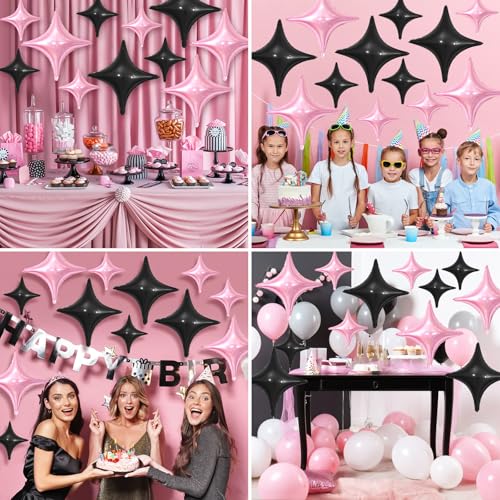 Image of Pink Black Star Balloons,12Pcs Four Angle Star Foil Balloons | 26Inch and 10Inch Pink Black Quadrangle Star Helium Balloon for Birthday Baby Shower Wedding Party Decorations