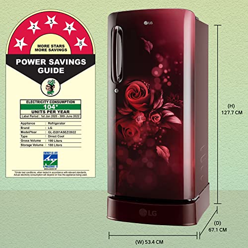 Image of LG 190L 5 Star Inverter Direct-Cool Single Door Refrigerator (GL-D201ASEZ, Scarlet Euphoria, Base stand with drawer, Red)