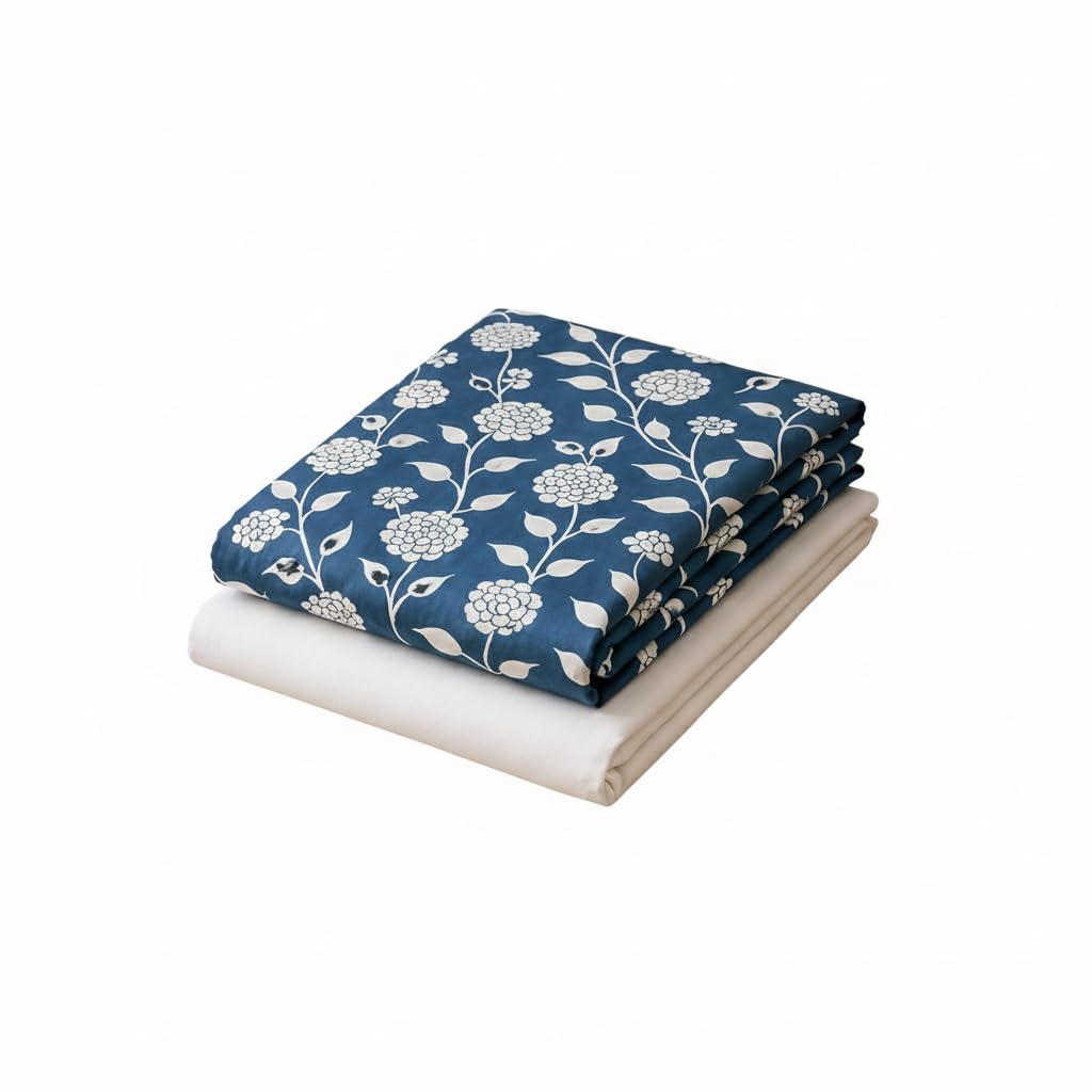 Dress Material Fabric, Teal Floral Print with White Base, Cotton Blend, 2 Piece Set-image-15