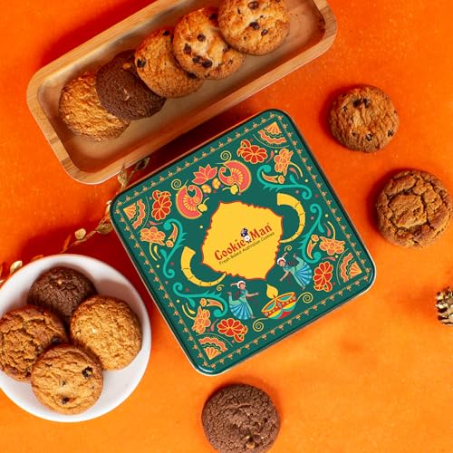 Image of CookieMan Festive Diwali Cookies Gift Tin - 250g | Premium Assorted Cookies Hamper with Choc Chip, Double Choc Chip, Mocha, Butter Cashew & Black Currant | Diwali Gifting & Corporate Gift Set