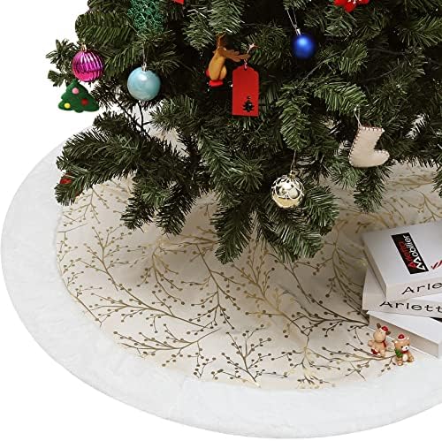 Lewondr 48 Inch Christmas Tree Skirt, Soft Velvet Christmas Tree Decoration Base Cover with Flowers and Branches Hot Stamping Pattern for Holiday Party Celebration Christmas Decorations, Beige&White