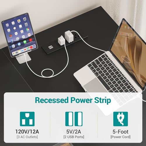 Hyomdeck Reversible L Shaped Computer Desk with Power Outlets and USB Charging Ports, Sturdy Corner Desk with Storage Shelf, Modern Work Gaming Table for Home Office, Easy to Assemble, Black - Thumbnail 5