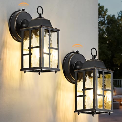 Image of OKELI 2-Pack Dusk to Dawn Outdoor Wall Lights, Weatherproof Exterior Lighting Fixture Wall Mount, Aluminum Ripple Glass Porch Light, Anti-Rust Outside Wall Sconce for House, Garage(Black&Gold-Trim)