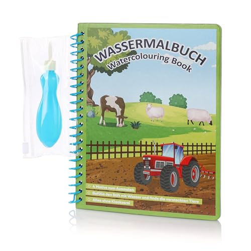 CraftWerk Libro da colorare ad acqua fattoria – blocco da colorare con penna ricaricabile – occupazione per viaggiare in auto, aereo o treno