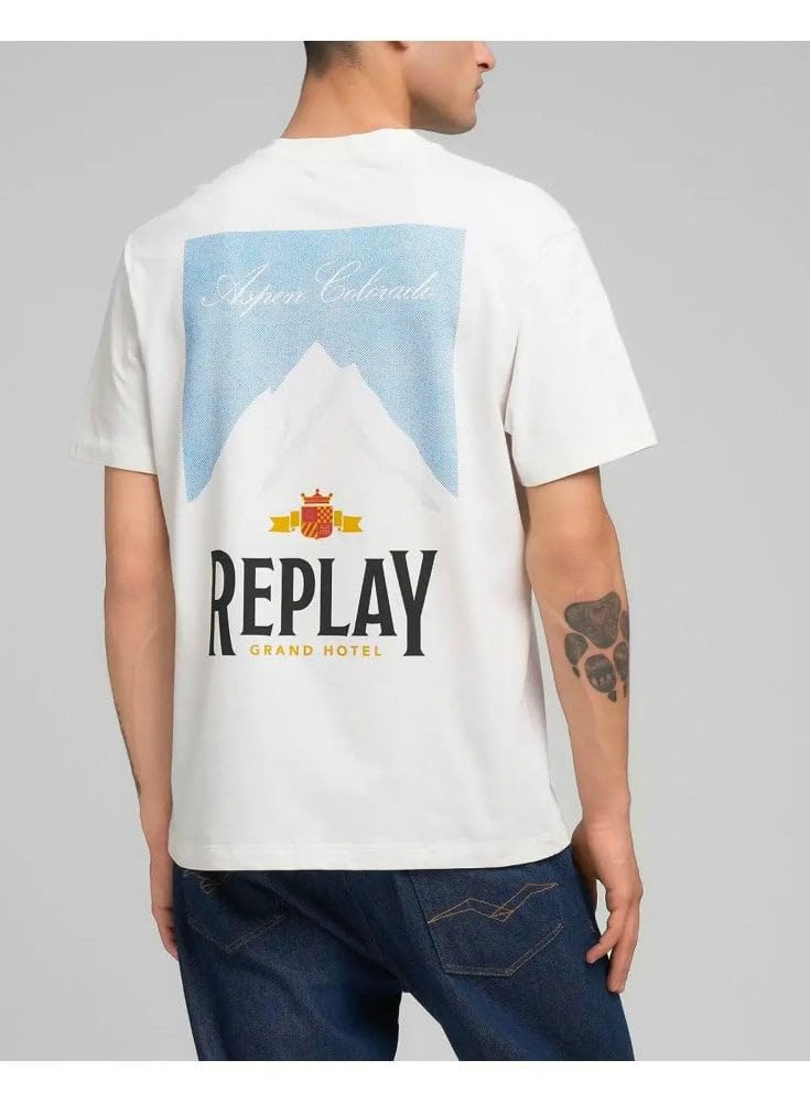 REPLAY Męski t-shirt z bawełny o luźnym kroju, 011 Natural White, XL