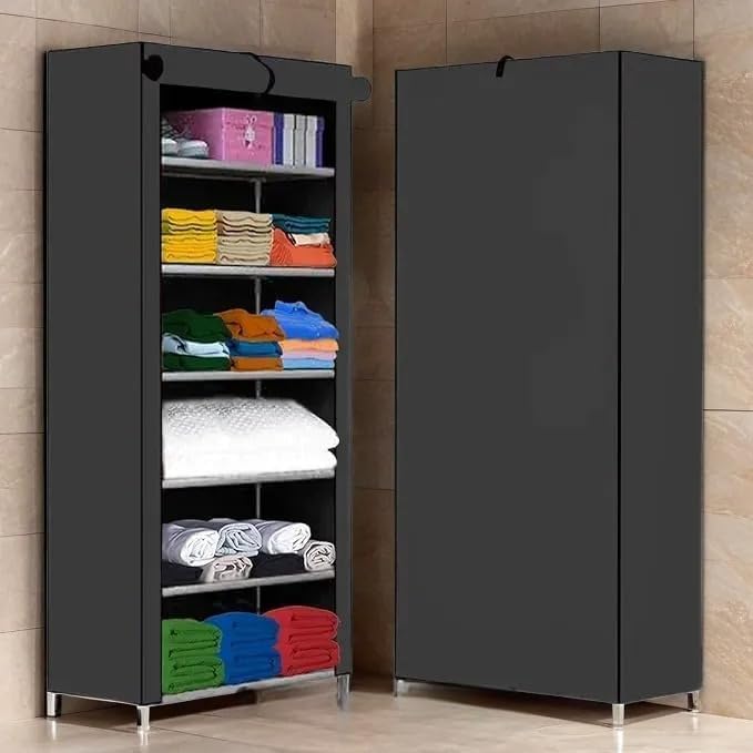 Image of AWTATOS Multipurpose Collapsible Wardrobe Cabinet | Foldable Fabric Organizer with 6-9 Shelves | Portable Clothes Storage Rack for Bedroom, Home & Office (Gray, 6 Layer)