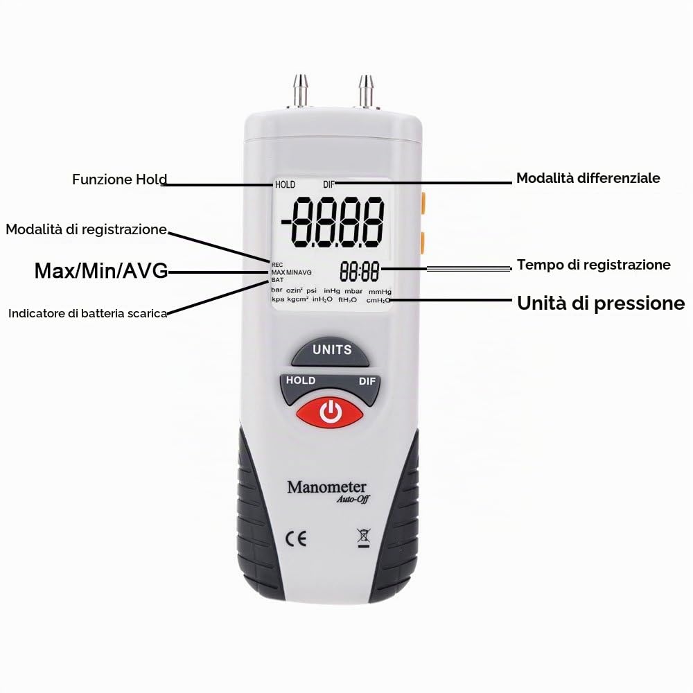 Mengshen Manometro digitale, Professionale Misuratore della pressione atmosferica digitale& Manometro differenziale - ± 13,79kPa / ± 2 psi, M1890