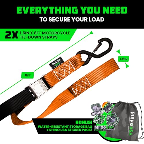 Image of Rhino USA Motorcycle Tie Down Straps (2 Pack) Lab Inspected 2,200lb Break Strength, Steel Cambuckle Tiedown Set with Integrated Soft Loops - Better Than a Ratchet Strap (Orange 2-Pack)