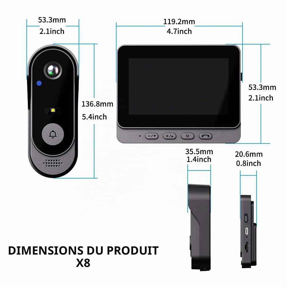 KEPEAK Caméra de sonnette vidéo sans fil avec moniteur, étanche IP66, grand écran de 4,3", vision 120°, batterie 1000 mAh, audio bidirectionnel, vision nocturne, aucune application/WLAN nécessaire
