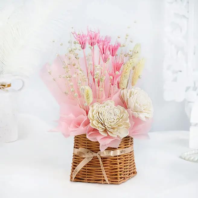 FNP Dried Flower Basket Arrangement with Sola & Pink Blooms | Sola Belli Flowers, Phalaris & Tishi Grass, Beige Round Basket, Pink Non-Woven Wrap, Nigella Sativa Blooms-image-23