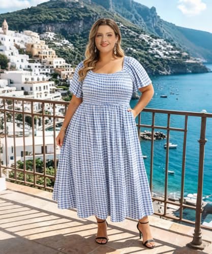 Image of RITERA Plus Size Dresses for Curvy Women Square Neck Short Sleeve Summer Floral Smocked Maxi Dress with Pocket XL-5XL