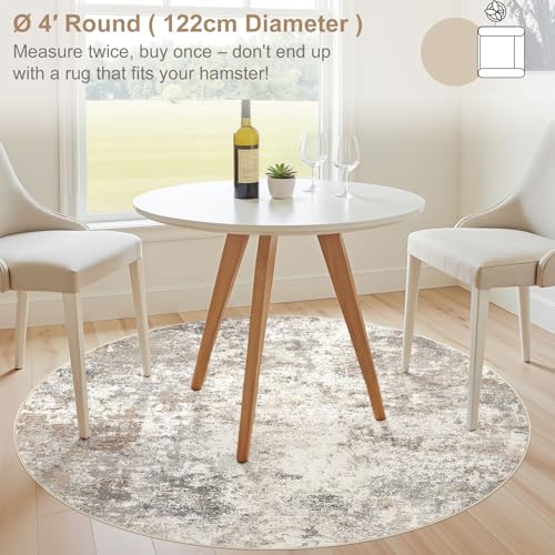 4ft Round Area Rug Living Room Rugs - 4x4 Washable Neutral Modern Abstract Soft Thin Rug Indoor Floor No Slip Rug Carpet for Bedroom Under Dining Table Home Office Decor - Brown Grey