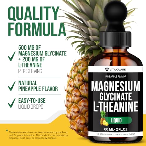 Image of Vita Guard Magnesium Glycinate 500mg & L-Theanine 200mg Liquid Drops - Maximum Absorption Sleep, Calm & Stress Relief Supplement - Sugar-Free, Natural Pineapple Flavor, Non-GMO - 60ml, 30-Day Supply