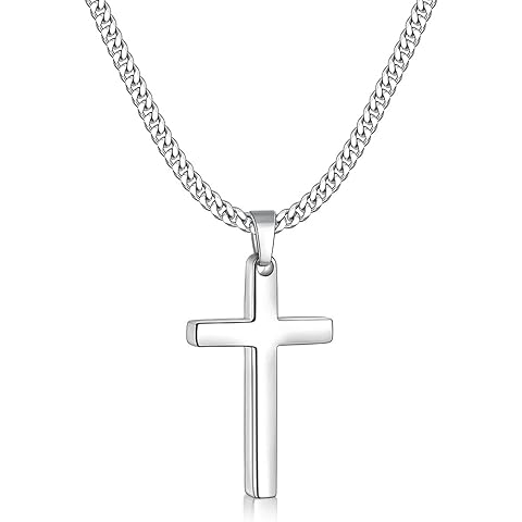 Fiusem Cross Necklace for Men, Silver Tone/Black/14K Gold Plated Mens Cross Necklaces with 3.5mm Chain and Stainless Pendant, Cuban Chain 16-24 Inches