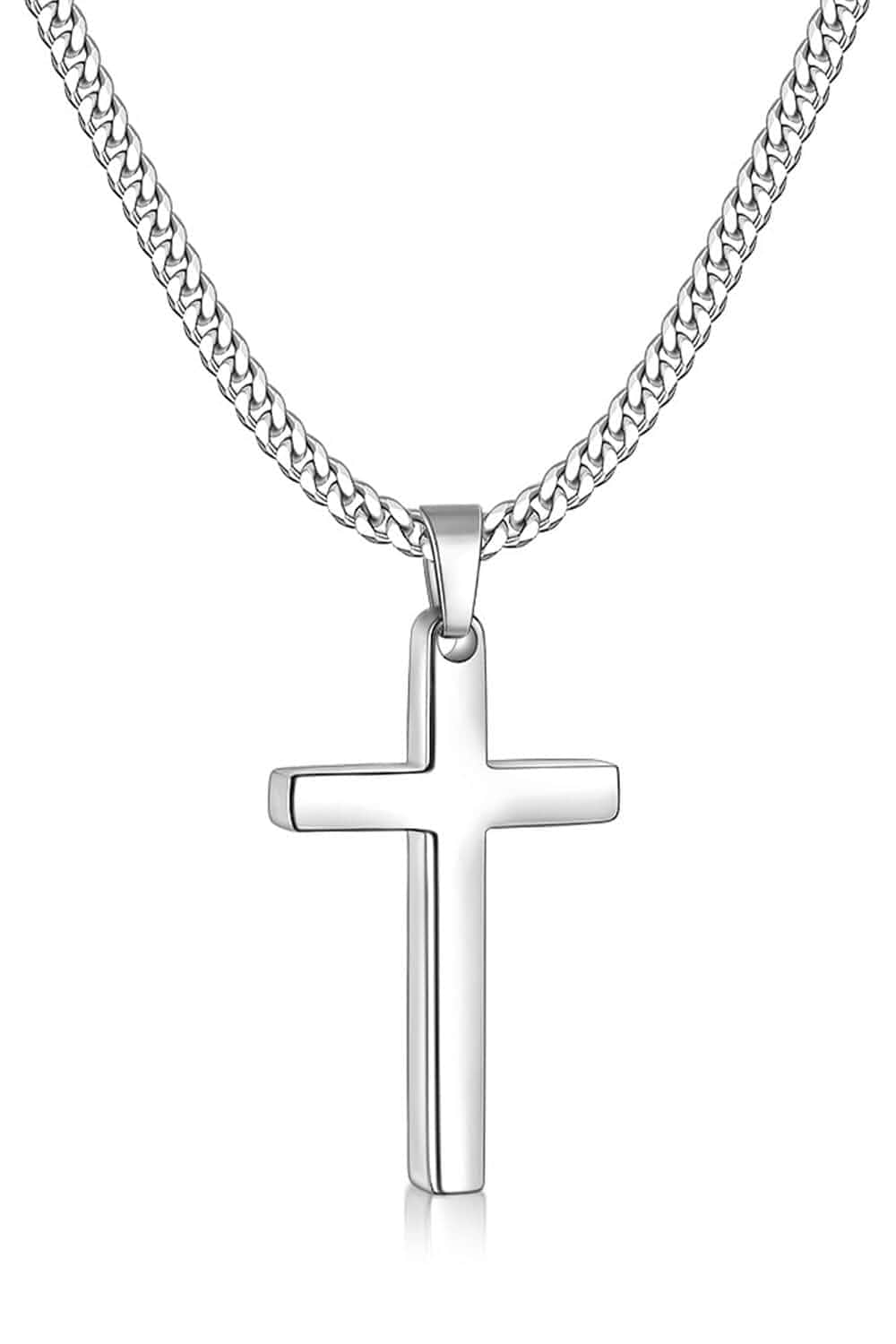 Fiusem Cross Necklace for Men, Stainless Steel Pendant Chain Silver Tone/Black/14K Gold Plated Mens Cross Necklaces with 3.5mm Cuban Chain, Jewelry Gifts 16-24 Inches