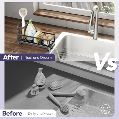 SWTYMIKI Kitchen Sink Caddy Organiser - Sink Tidy Organiser with Auto Draining Tray, Brush Holder, Stainless Steel Sponge Holder with Divider for Countertop Kitchen Storage & Organisation, Black - Image 5