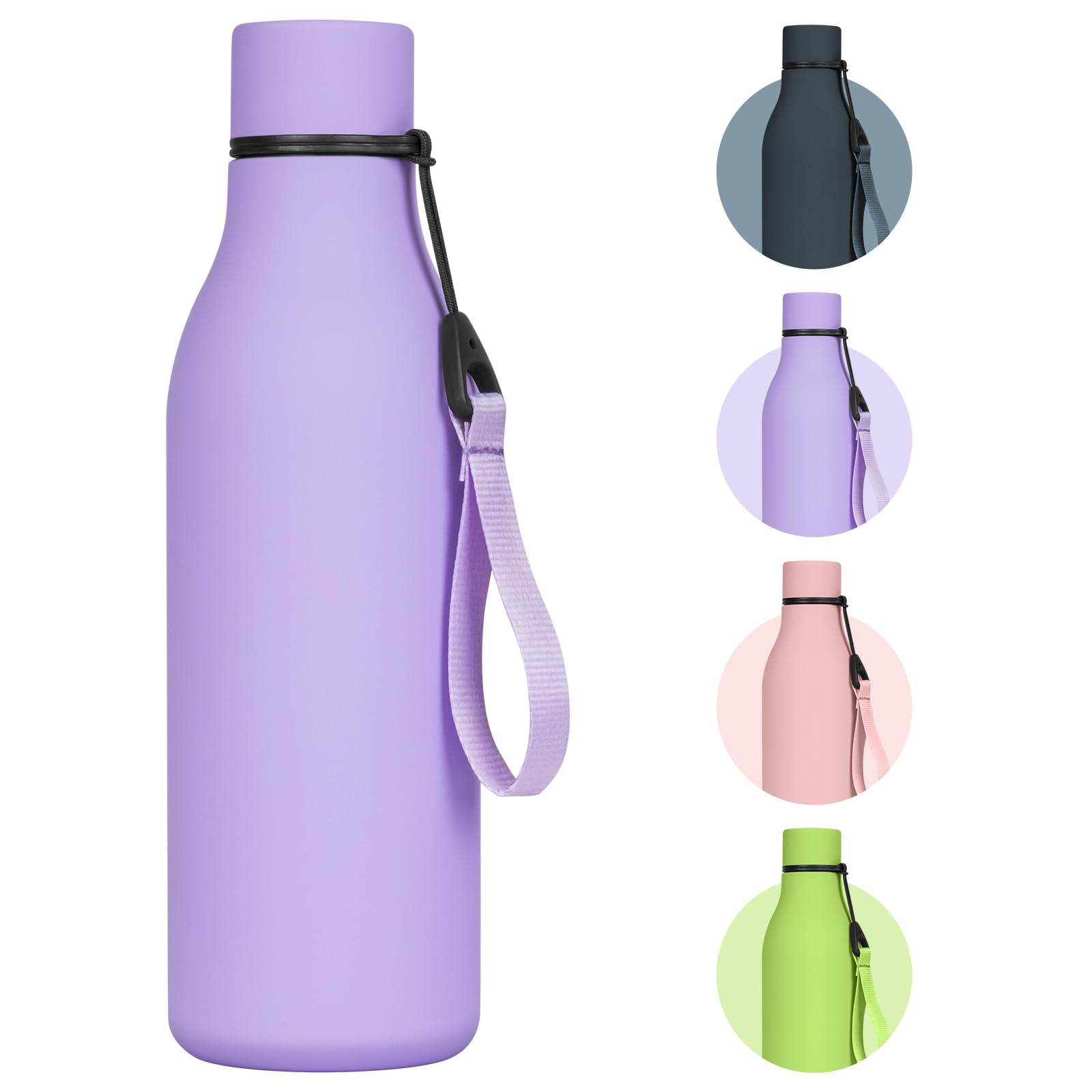 flintronic 550ml Water Bottles with Strap,Double Wall Vacuum Insulated Water Bottles Keeps Drinks Cold 24 Hrs/Hot 12 Hrs|Leak Proof|BPA Free,Stainless Steel Water Bottles for Gym,Hiking-Purple
