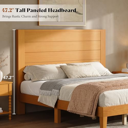 Image of AMERLIFE Queen Size Bed Frame with 48 inch Tall Headboard, Mid Century Modern Solid Wood Platform Bed with Silent Wood Slat System, No Box Spring Needed, Under-Bed Storage, Natural