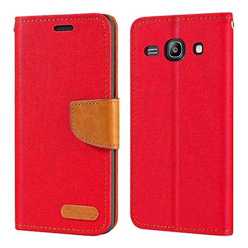 Shantime Étui Portefeuille Tissu Oxford Compatible avec Samsung Galaxy Core Plus, Coque Magnétique Durable avec Fentes Cartes et Support(Rouge)