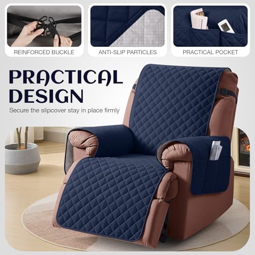 Image of KinCam 100% Waterproof Recliner Chair Cover, Reclining Couch Covers for Pets, Dogs, Recliner Couch Slipcover Furniture Protector with Elastic Straps for Kids(30 inch, Dark Blue)