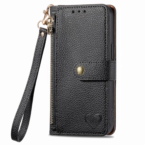 XYX Wallet Case for Honor X8b 4G, RFID Blocking Love Heart Pu Leather Case Zipper Purse Wrist Strap with 7 Card Slots for Honor X8b 4G, Black