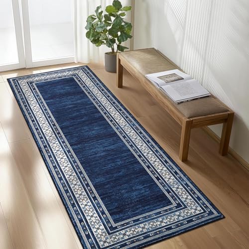 GlowSol Washable Runner Rug 2x6 Rug Modern Bordered Rug Non Slip Kitchen Rugs Runner Soft Bathroom Rug Runner Non-Shedding Carpet Runner for Bedroom Entryway Laundry Room,Navy
