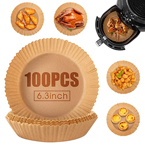 Backpapier für Heißluftfritteuse, Uten Airfryer Pergamentpapier Liner in rund, Öldicht, Wasserdicht, Antihaft- Einweg für Luftfritteuse, Backofen, Bratpfanne u.s.w, 100 Stück 16cm/6,3inch
