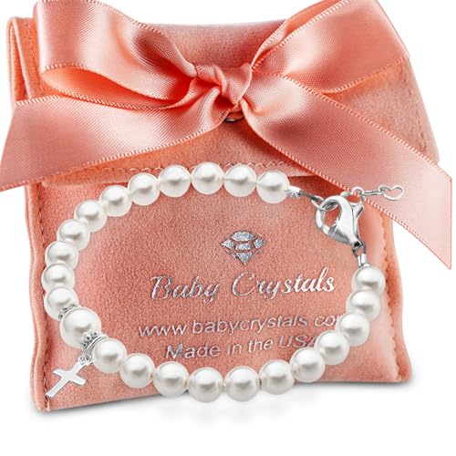 Image of Baby Crystals White Pearl Personalized Bracelets for Girls, Sterling Silver Initial Cross Charm Bracelet, Christening, Communion Baptism Gifts for Girl, Birthday Gifts, Girls Jewelry