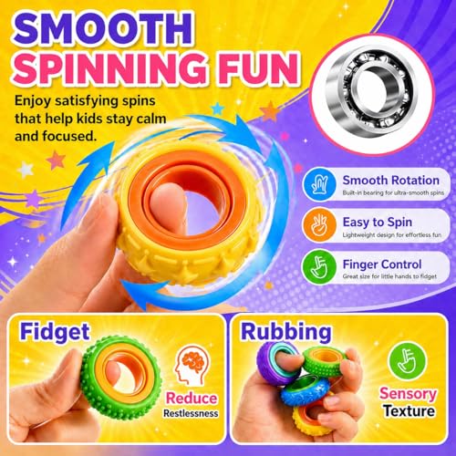 Fidget Rings for Kids, 12 Pack Rotating Finger Spinner Rings, Fidget Toys | Quiet Classroom Fidgets, Rotating Sensory Toys,Stress Relief Toys,Stocking Stuffers for Kids, Birthday Gifts and Party Favors - image 2