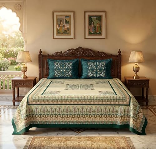 Image of SANMARINO Heritage Collection 280 TC Cotton Double Bedsheet with 2 Pillow Covers (90 x 100 Inches Bedsheet, 20 x 30 Inches Pillow Covers), Soft Breathable Flat Bed Sheet for King Bed-Emerald Green