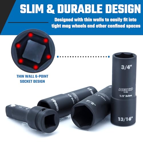 Image of NEIKO 02281B 1 /2 inch Drive Impact Flip Socket Set, Thin Wall Socket, 4 Piece Lug Nut Impact Socket Set, SAE and MM, 3 inch Extension Bar, Cr-Mo Steel, Impact Lug Nut Socket Set