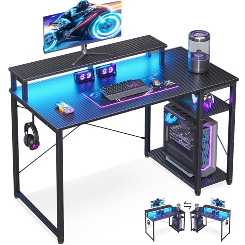 MOTPK 40 Inch Small Gaming Desk with Storage & Led Lights, Computer Desk with Shelf, Reversible Gamer Desk with Monitor Stand, Carbon Fiber Texture Black