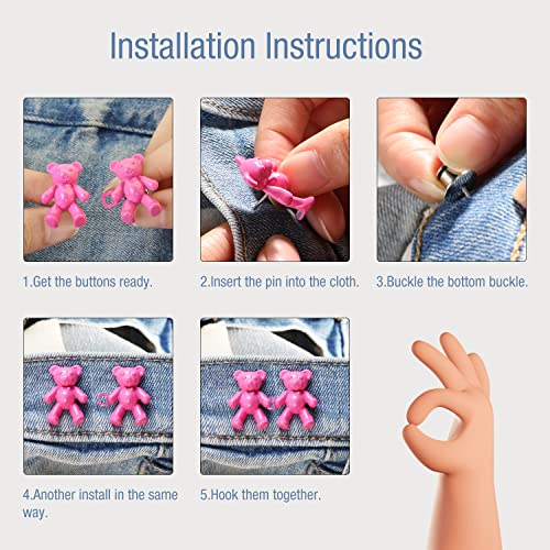 Richluck Jeans Button, Adjustable Jean Button Pin, Detachable Decorative Waist Buckles, No Sewing Required, Perfect Fit Tighten Waist Adjustment Instant Button For Pants (Pink Bear) #TOP2