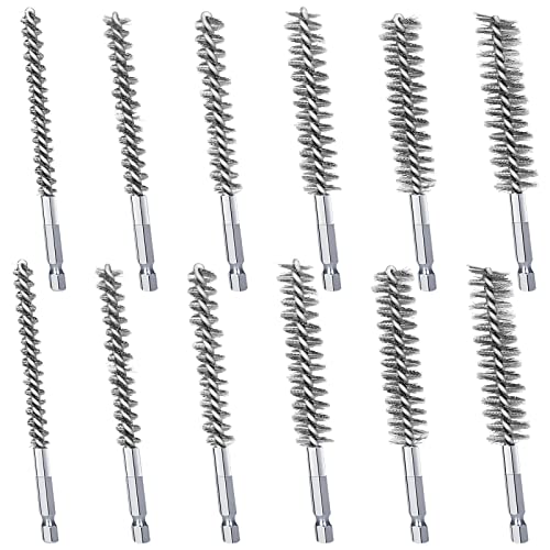 Image of 12Pcs Stainless Steel Bore Brush in Different Sizes Twisted Wire Cleaning Brush with Handle 1 /4 Inch Hex Shank for Power Drill Impact Driver