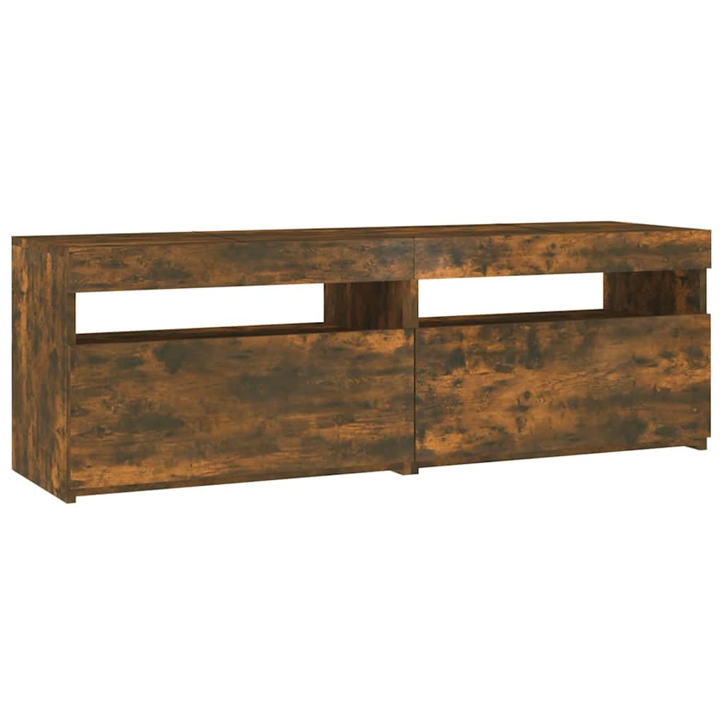 Szafka pod TV z oświetleniem LED RGB, przydymiony dąb, 120x35x40 cm, regał RTV z czterema przegrodami, nowoczesny mebel do salonu z wielokolorowym podświetleniem, łatwy montaż