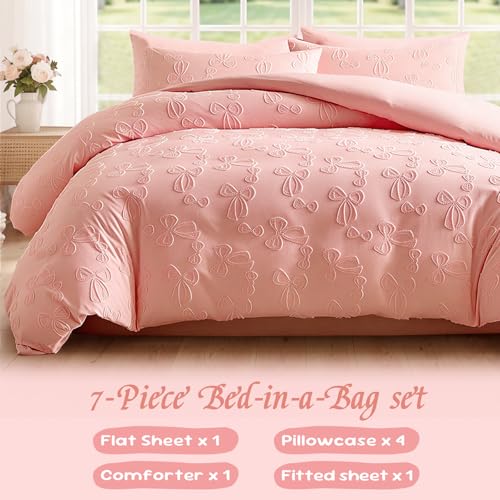 Image of 7 Pieces Bow Comforter Set for Girls Kids Pink Tufted Boho Bedding Set Twin Size Farmhouse Bed in A Bag as Gifts (1 Comforter, 1 Flat Sheet, 1 Fitted Sheet, 2 Pillowcase and 2 Pillow Sham)