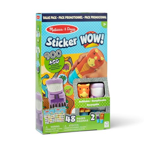 Melissa & Doug Sticker Wow! T-Rex and Triceratops Bundle: Two 24-Page Activity Pads 2 Sticker Stampers 900 Stickers Arts and Crafts Fidget Toy Collectible Characters - FSC Certified