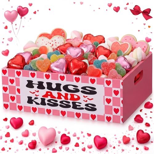Leinuosen Valentine's Day Candy Dish Large 11.8 Inch Valentine's Day Candy Bowl Wood Love Heart Holders, Hug and Kisses Serving Dish Tableware Pink for Wedding Anniversary Holiday Party Decor