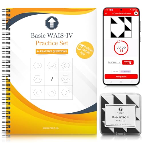 PrfcNL Kit d'exercices Basic WAIS-IV - 44 questions d'exercice, avec 9 blocs noirs et blancs et application mobile, convient pour la préparation au test de QI, la...