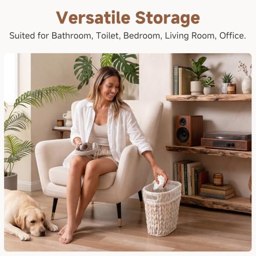 Image of StorageWorks 4.5 Gallon Slim Bathroom Trash Can with Built-in Handles, Wicker Waste Basket for Bathroom and Bedroom, Decorative Water Hyacinth Office Garbage Cans, Narrow Trash Bin for Decor, White