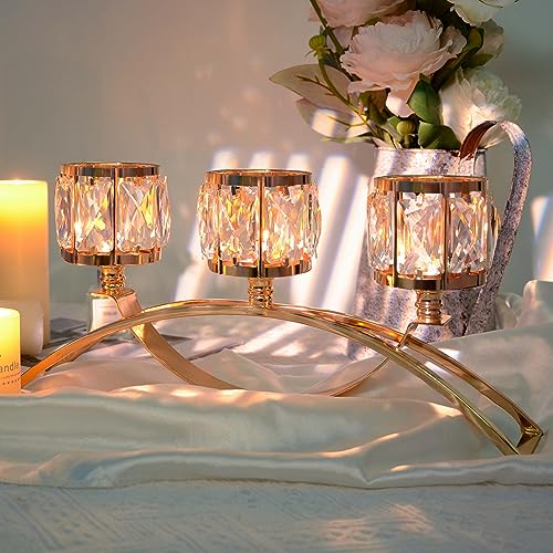 3 Arms Crystal Bowl Tealight Candelabra Votive Candle Stand, Candlestick Holders Wedding centerpieces for Tables Crystal Candlestick,Centerpiece Table Decorations (Gold) - Image 5