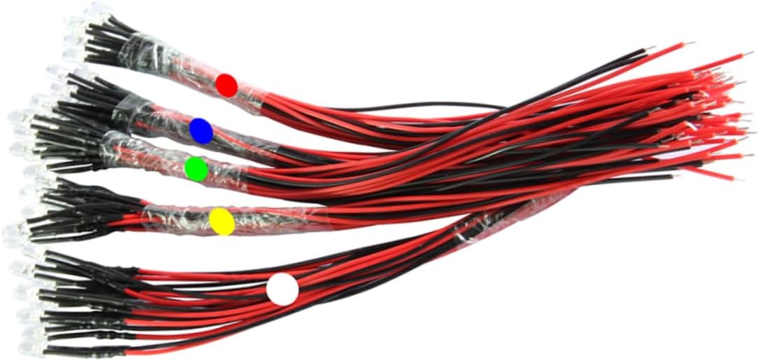 MERRYHAPY 50pcs Led Light-emitting Diode Beads with Wires for Toy Car Decoration High Brightness Red Yellow Blue Green and White Colors for Diy Projects and Models