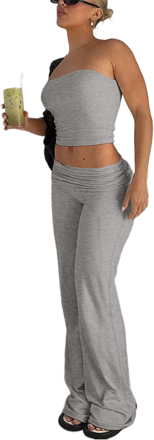 LICOBOD Sexy lounge wear 2 Piece Outfits for Women Crop tube Top High Waist Foldover Flare Pants Sets Beach Vacation Trave