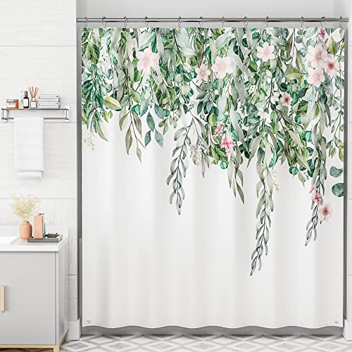 Amazerbath Shower Curtain, Green Leaves Fabric Shower Curtain Set With 12 Shower Curtain Hooks, Rustic Floral Plant Farmhouse Shower Curtain, Washable Fall Cloth Bathroom Shower Curtain, 72X72 Inches #TOP7