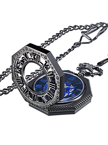 Mudder Vintage Mechanical Hand-Wind Skeleton Pocket Watch with Chain Xmas Gift (Black)