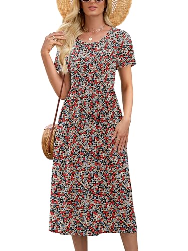 Image of Heymoments Women's Casual Short Sleeve Midi Dress Crewneck A Line Tiered Flowy Loose Travel Long Dresses with Pockets