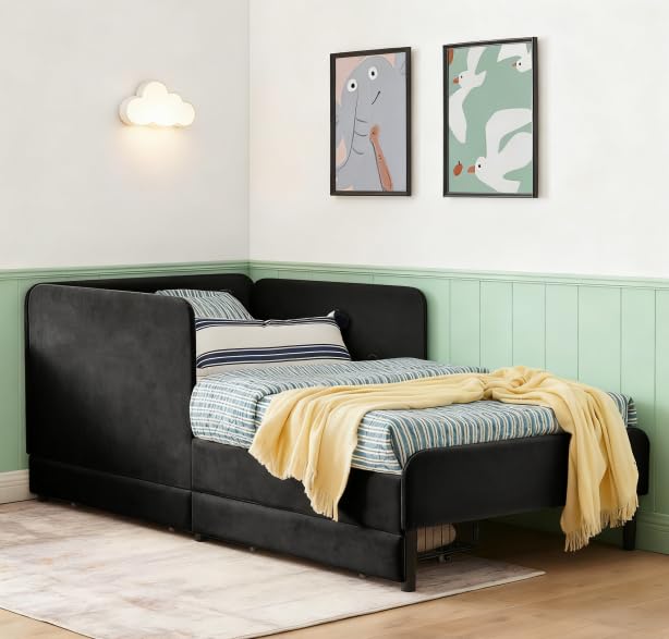 Bellemave Kids Bed with Rails Twin Upholstered Platform BedFrames with Rails and Storage Drawers for Kids Twin Daybed Frame for Boys/Girls/Adults Black