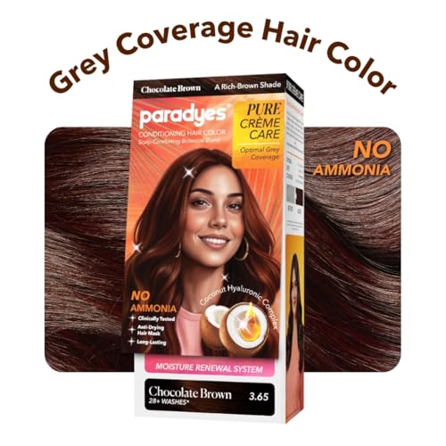 Image of Paradyes Pure Creme Care No Ammonia Hair Color Chocolate Brown 3.65 | Long-Lasting Creme Formula | Grey Coverage | Coconut Milk + Almond Oil + Hyaluronic Complex | Smooth & Shiny Finish | 60g+10 ml